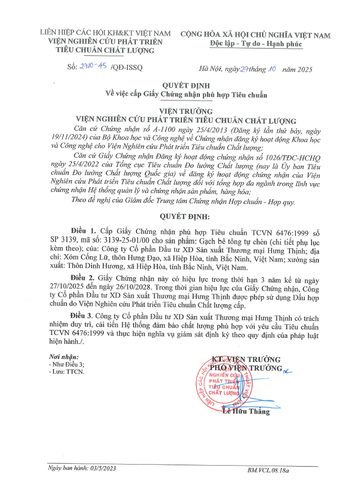 Quyết định cấp chứng nhận TCVN 6476:1999