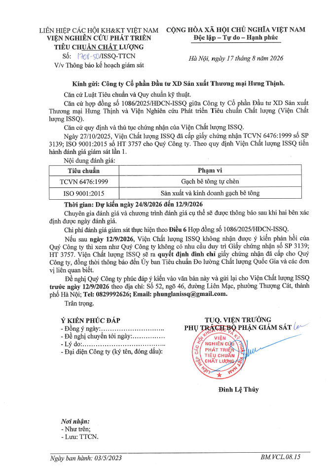 Thông báo kế hoạch giám sát lần 1